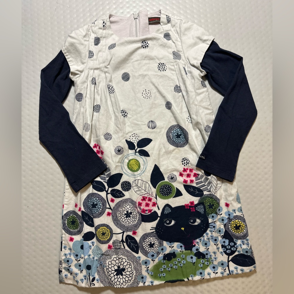 Catimini French style long sleeve‎ whimsical floral dress black cat child size 6